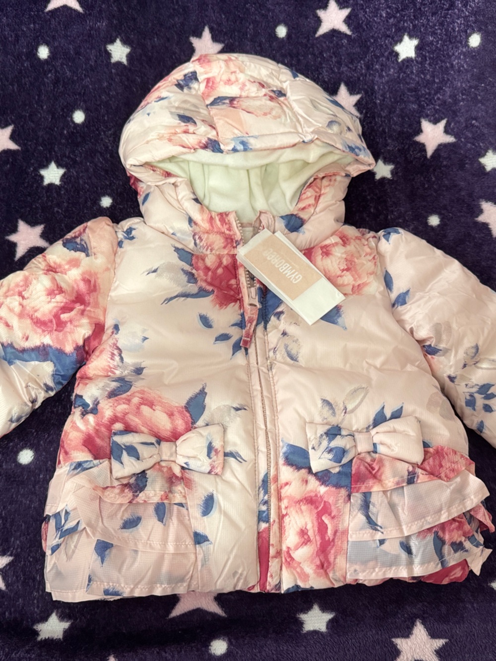 Gymboree Pink Floral Hooded Puffer Jacket with Bow Detail